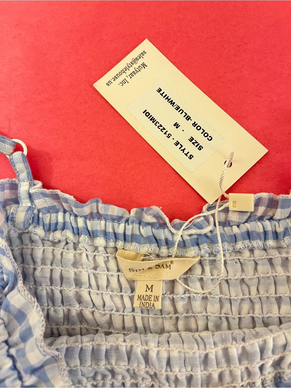 NWT. Sim and Sim Blue Gingham Smocked Midi Dress. Medium - Picture 6 of 7